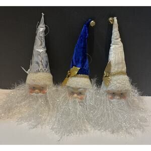 3 Santa Claus Head Porcelain Christmas Decor Ornament with White Sparkling Beard